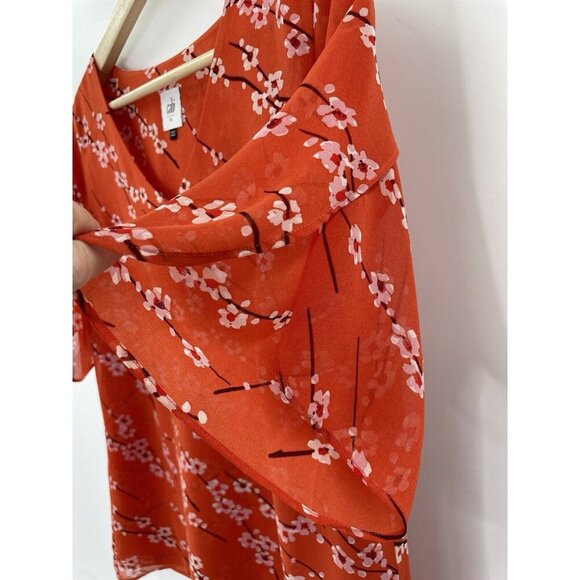 Cabi Chiffon Cherry Blossom Orange Red Floral Split Short Sleeve Top Sz M #5712 - Picture 5 of 10